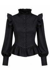 Black blouse with ruffled sleeves and high victorian style collar on a white background