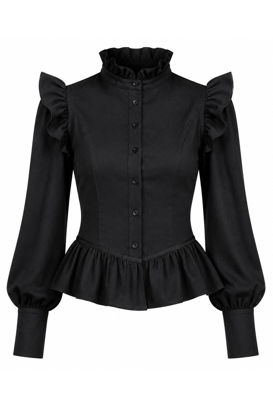 Black blouse with ruffled sleeves and high victorian style collar on a white background