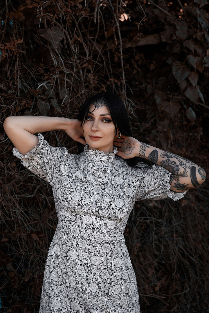 quirky whimsical dark puffed sleeve high collar ruffle dress by lively ghosts 