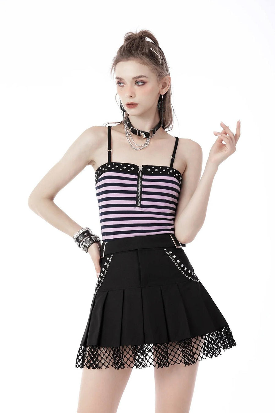 High Waisted Punk Pleated Skirt