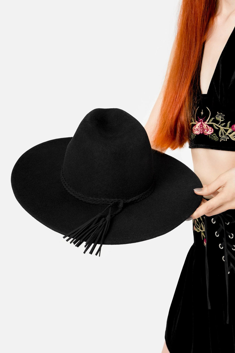 hippie goth black wool hat with tassels