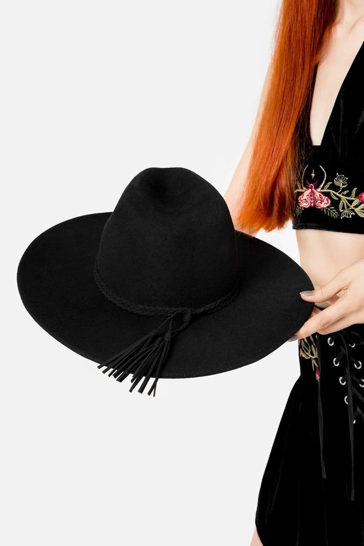 hippie goth black wool hat with tassels