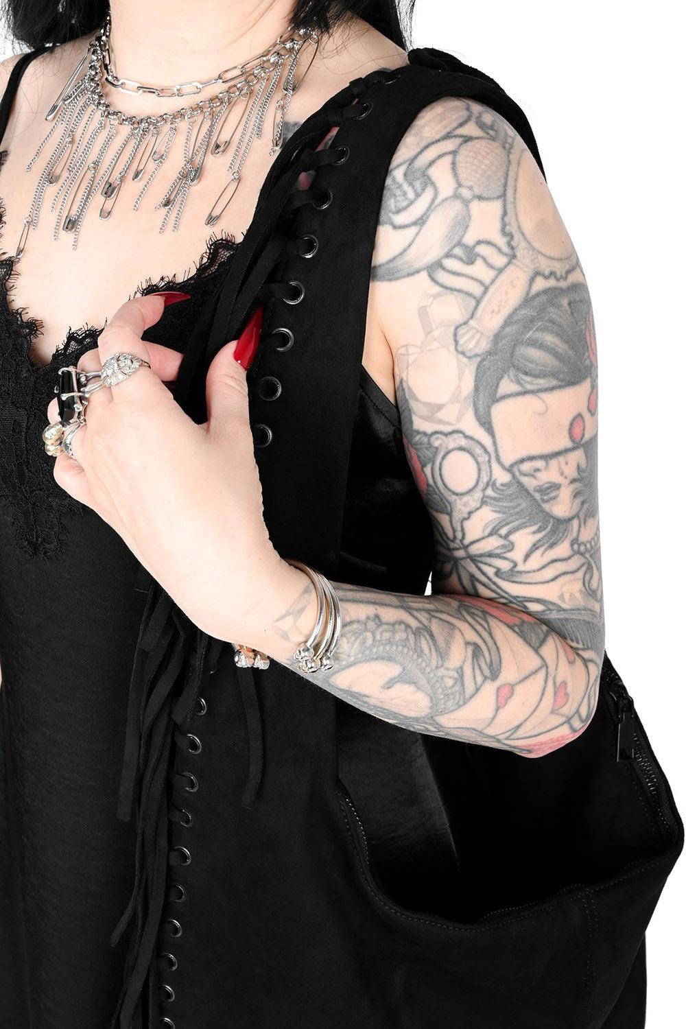 dark suede vegan eyelet strap hippie goth purse shoulder bag