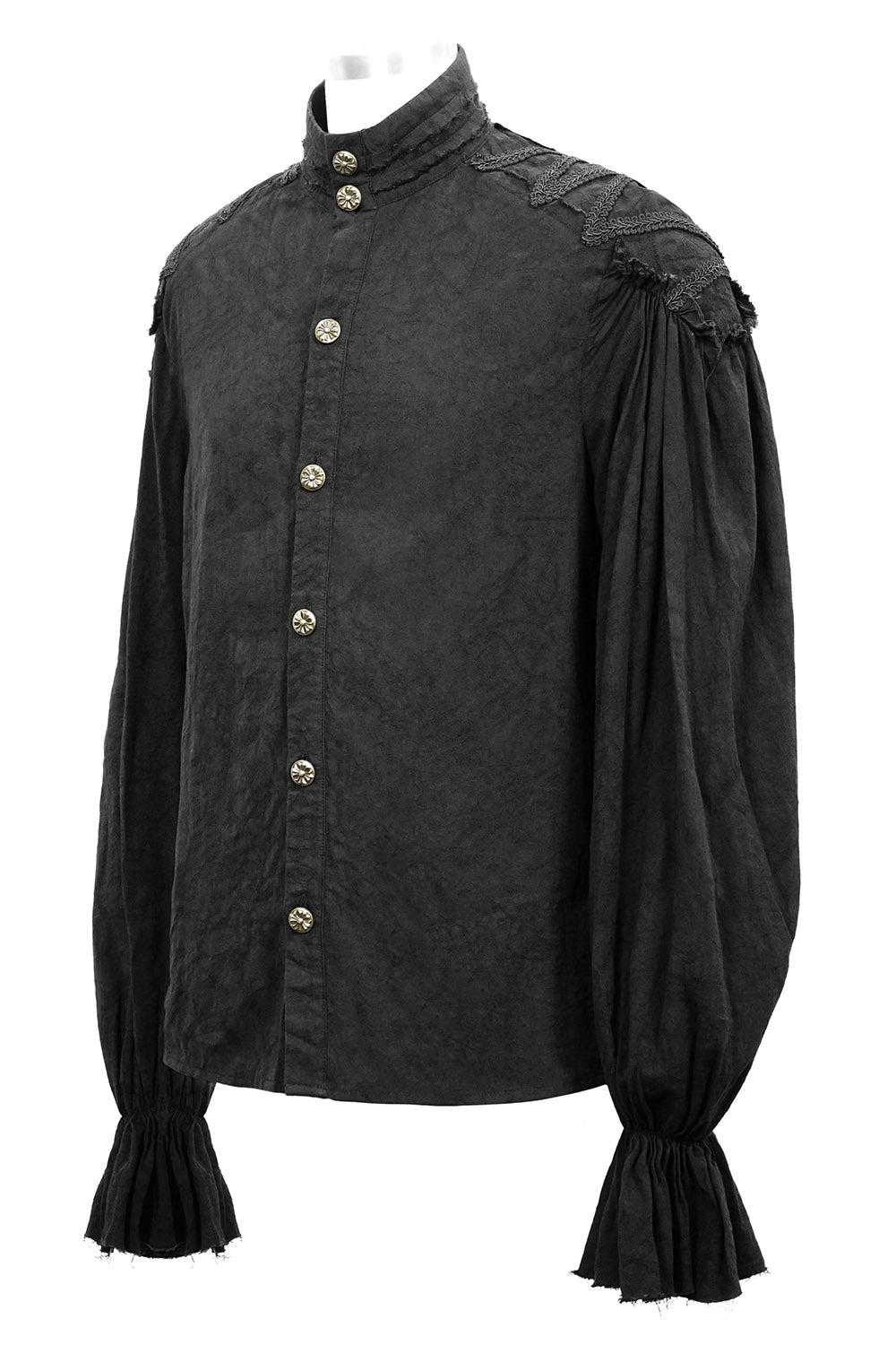 mens Black historical-style shirt with billowy sleeves on a white background