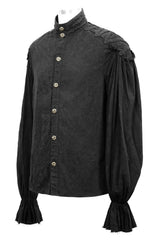 mens Black historical-style shirt with billowy sleeves on a white background