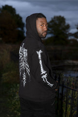 Black skeleton graphic hoodiefor punk rock style goth streetwear and dark aesthetic fashion lovers