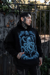 gothic black pullover hoodie with blue kraken tentacle graphic for alternative clothing lovers piratecore outfits and dark streetwear