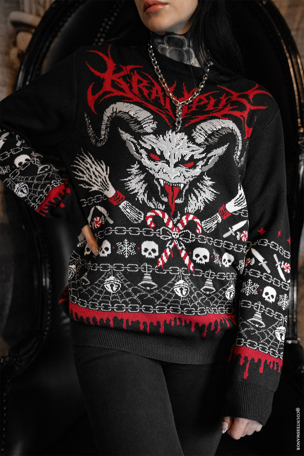 knitted spiderweb, skull, snowflake, gingerbread, christmas tree, blood and spiderweb krampus gothic sweater for the holidays 