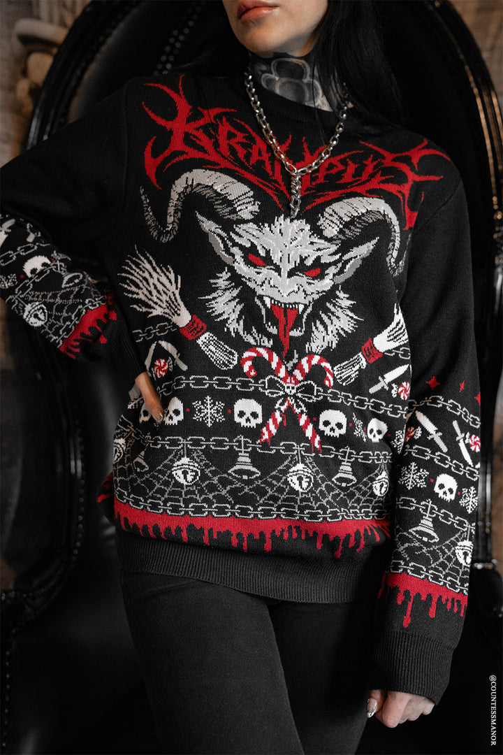 knitted spiderweb, skull, snowflake, gingerbread, christmas tree, blood and spiderweb krampus gothic sweater for the holidays 
