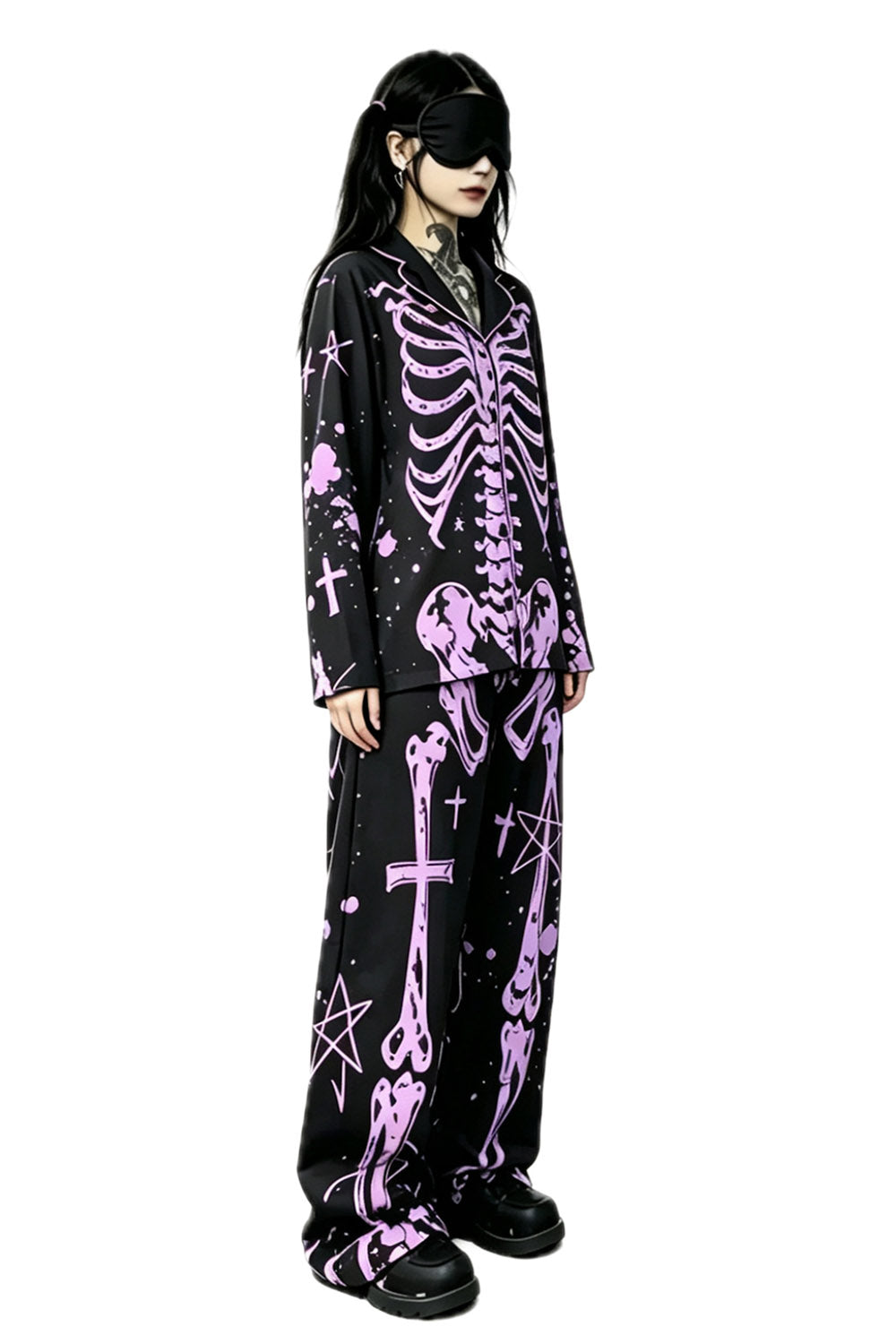 womens long sleeve button down pajamas shirt and matching bottoms to look like a skeleton 