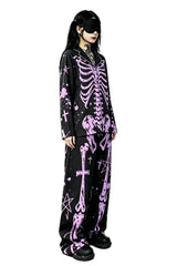 womens long sleeve button down pajamas shirt and matching bottoms to look like a skeleton 