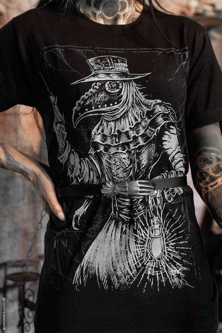 tattoo inspired clothing by vampire freaks featuring a goth girl wearing a  plague doctor t-shirt 