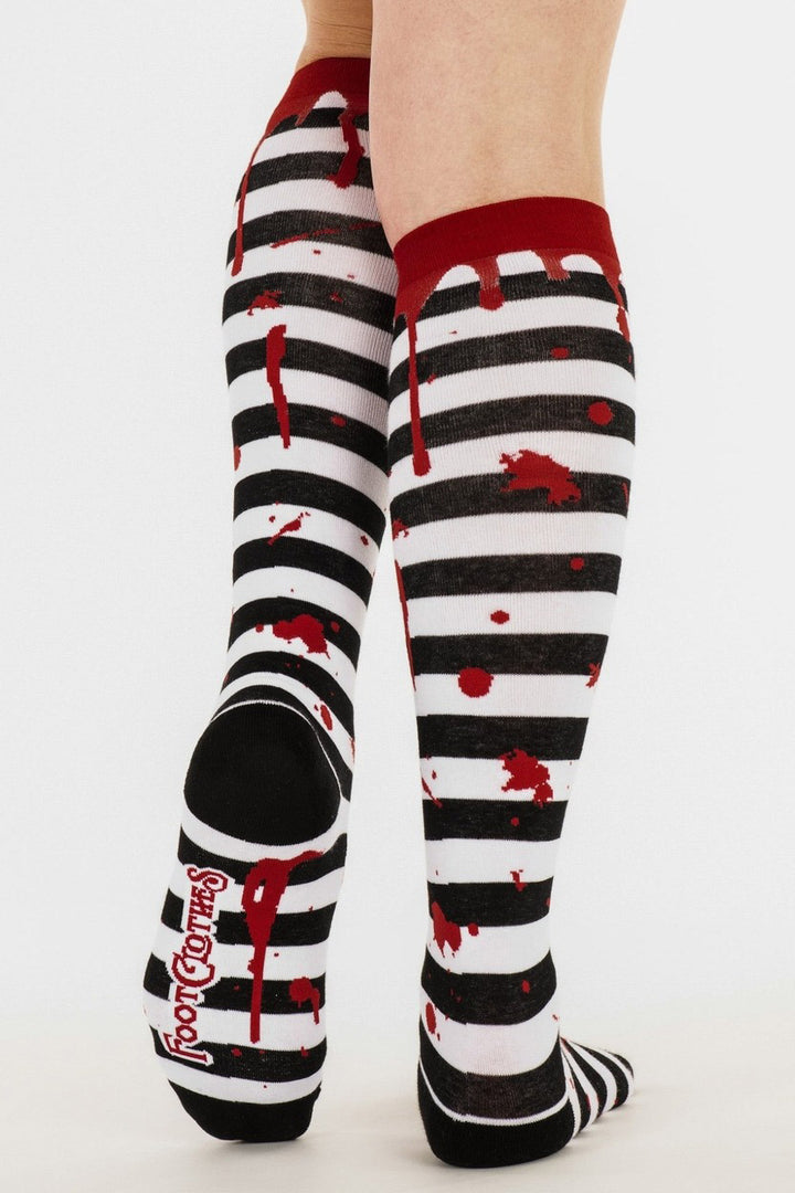 emo black and white striped blood drip socks