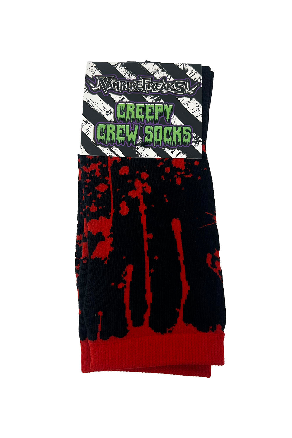 Pack of black and red blood splatter patterned socks with a vampirefreaks brand label on a white background