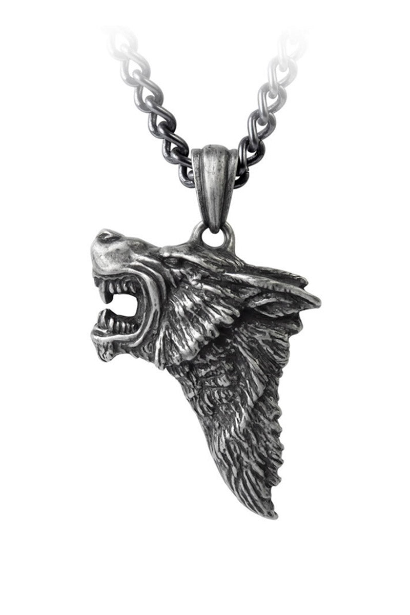 Silver wolf head pendant on a chain against a white background