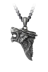 Silver wolf head pendant on a chain against a white background