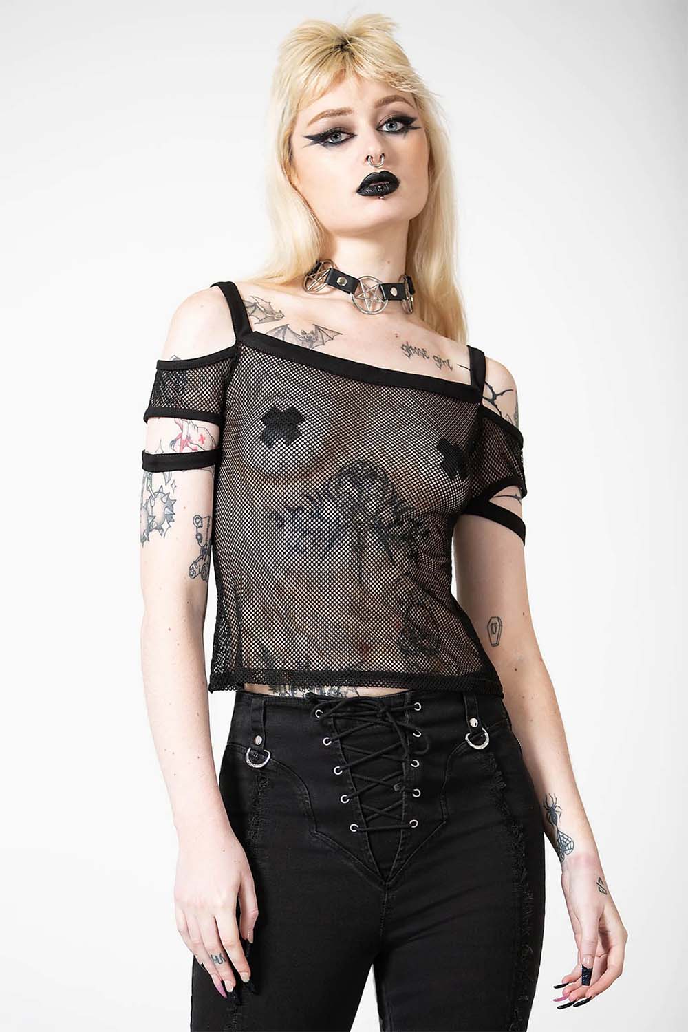 Huntly Fishnet Bardot Top - womens tops - VampireFreaks - Killstar