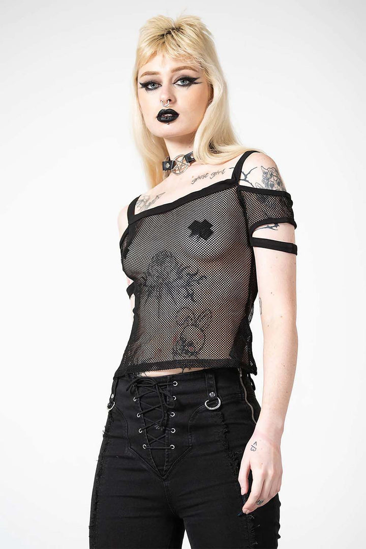 Huntly Fishnet Bardot Top - womens tops - VampireFreaks - Killstar