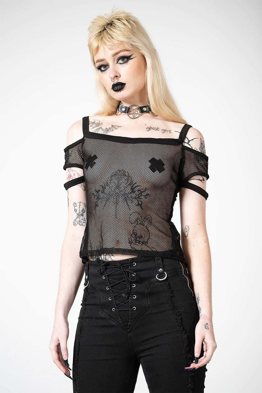 Huntly Fishnet Bardot Top - womens tops - VampireFreaks - Killstar