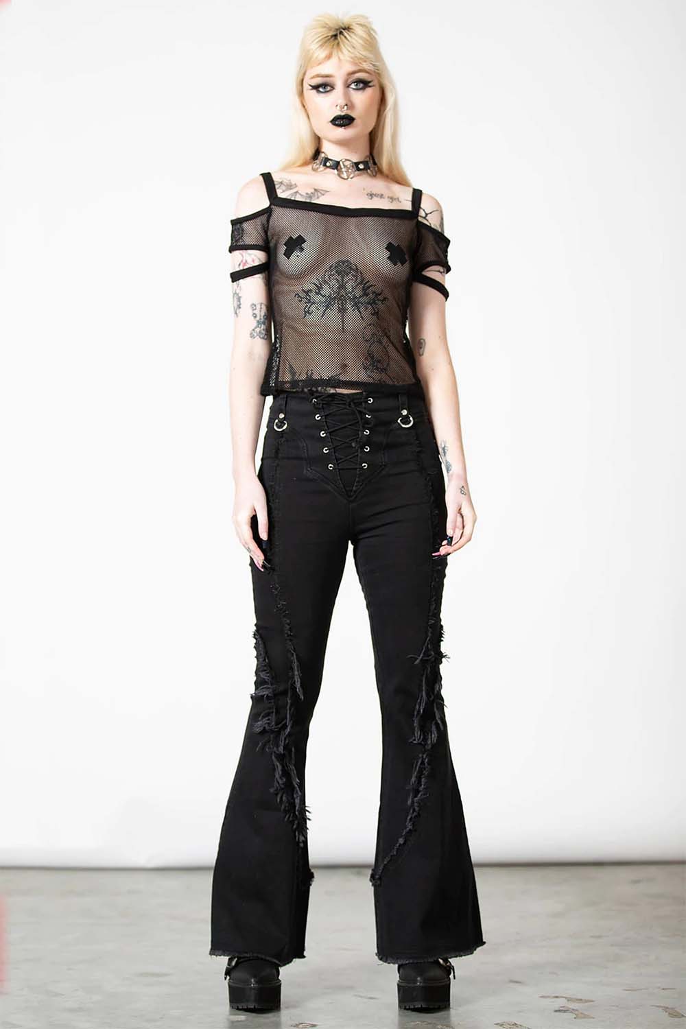 Huntly Fishnet Bardot Top - womens tops - VampireFreaks - Killstar