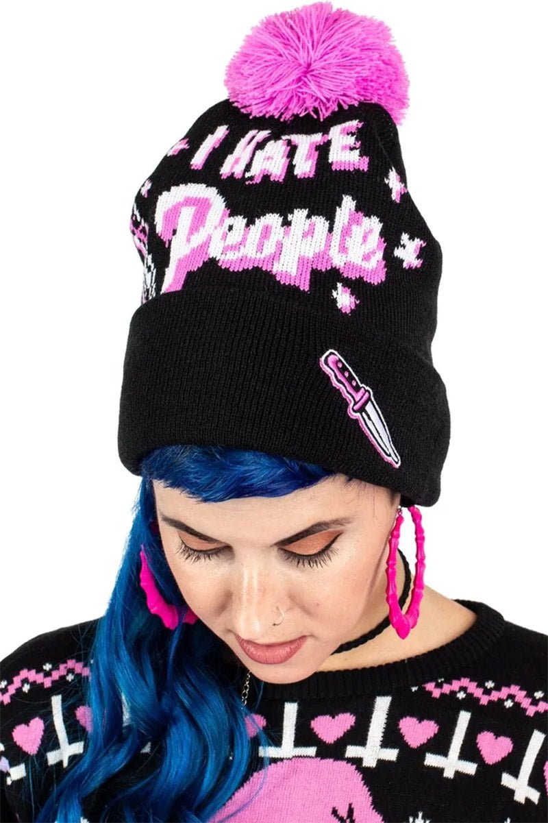 I Hate People Pom Pom Knit Beanie - hats & scarves & headwear - VampireFreaks - Too Fast