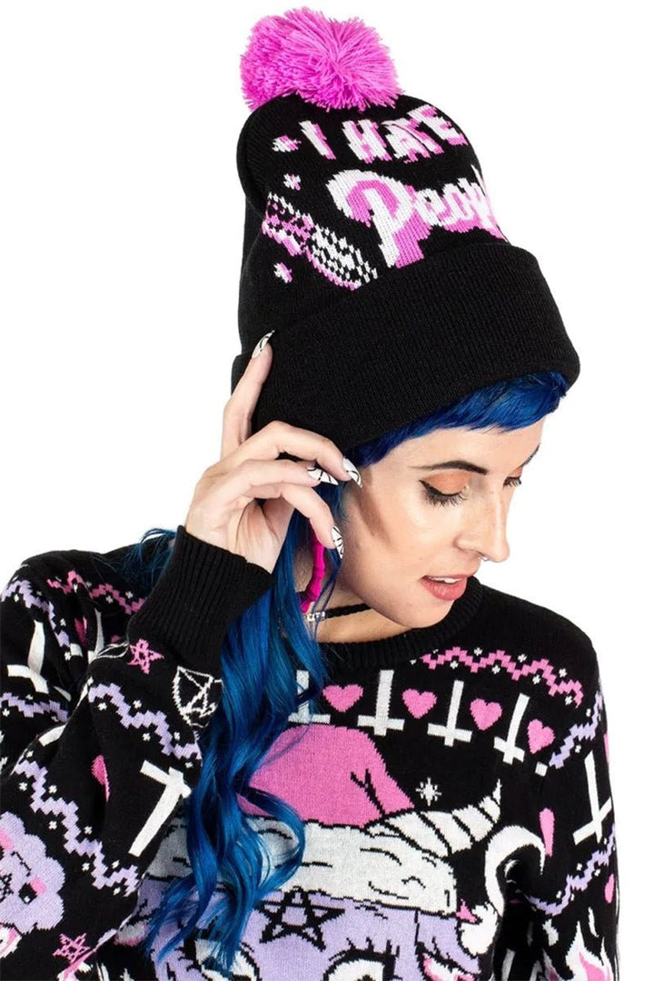 I Hate People Pom Pom Knit Beanie - hats & scarves & headwear - VampireFreaks - Too Fast