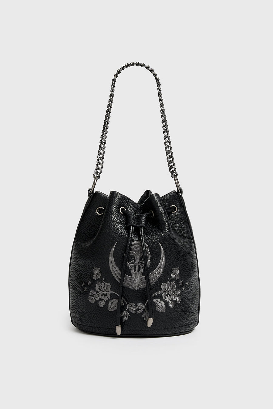 Black bucket bag with floral and skull embroidery on a white background