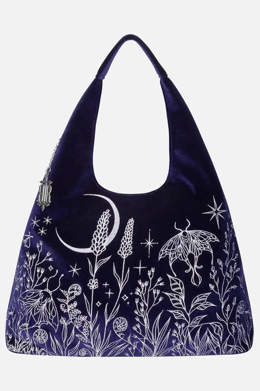 Navy blue bag with silver floral and celestial design on a white background