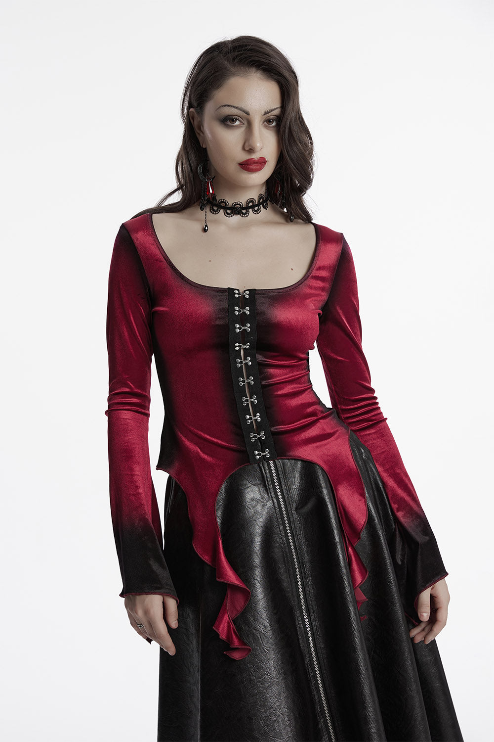 cherry red velvet long sleeve top 