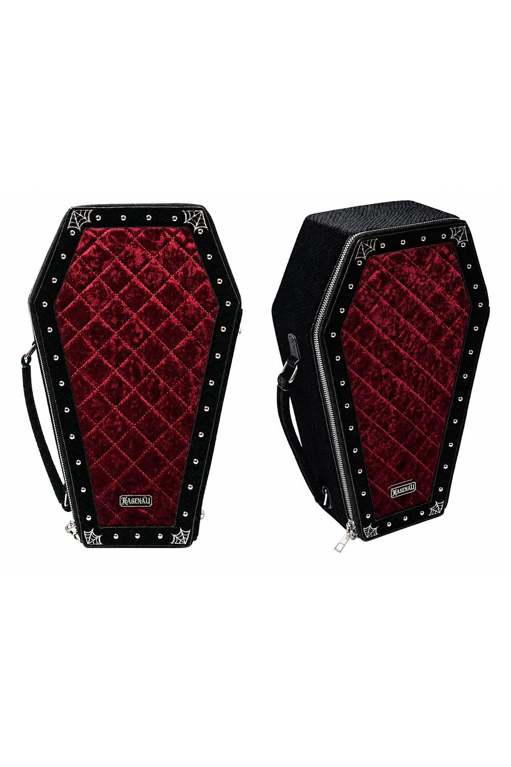 red velvet and black vegan leather coffin ita bag for pins 