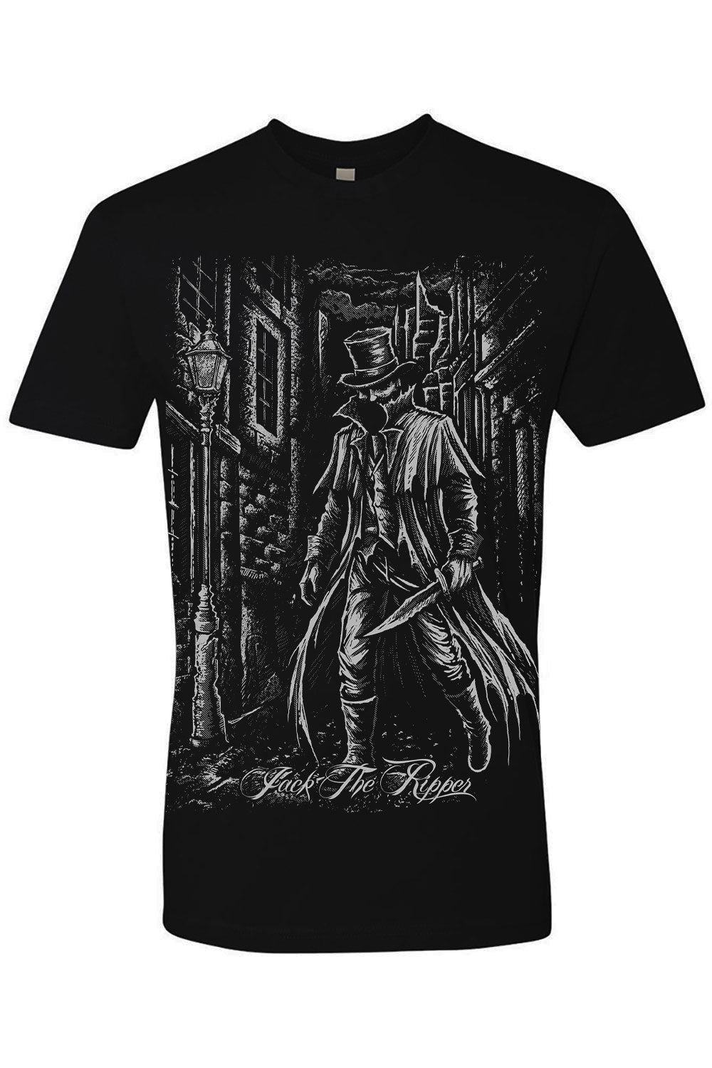 Black t-shirt with a graphic design of a man in a top hat and coat, standing in a dark alleyway.