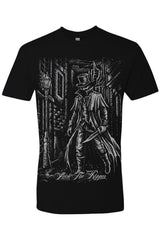 Black t-shirt with a graphic design of a man in a top hat and coat, standing in a dark alleyway.