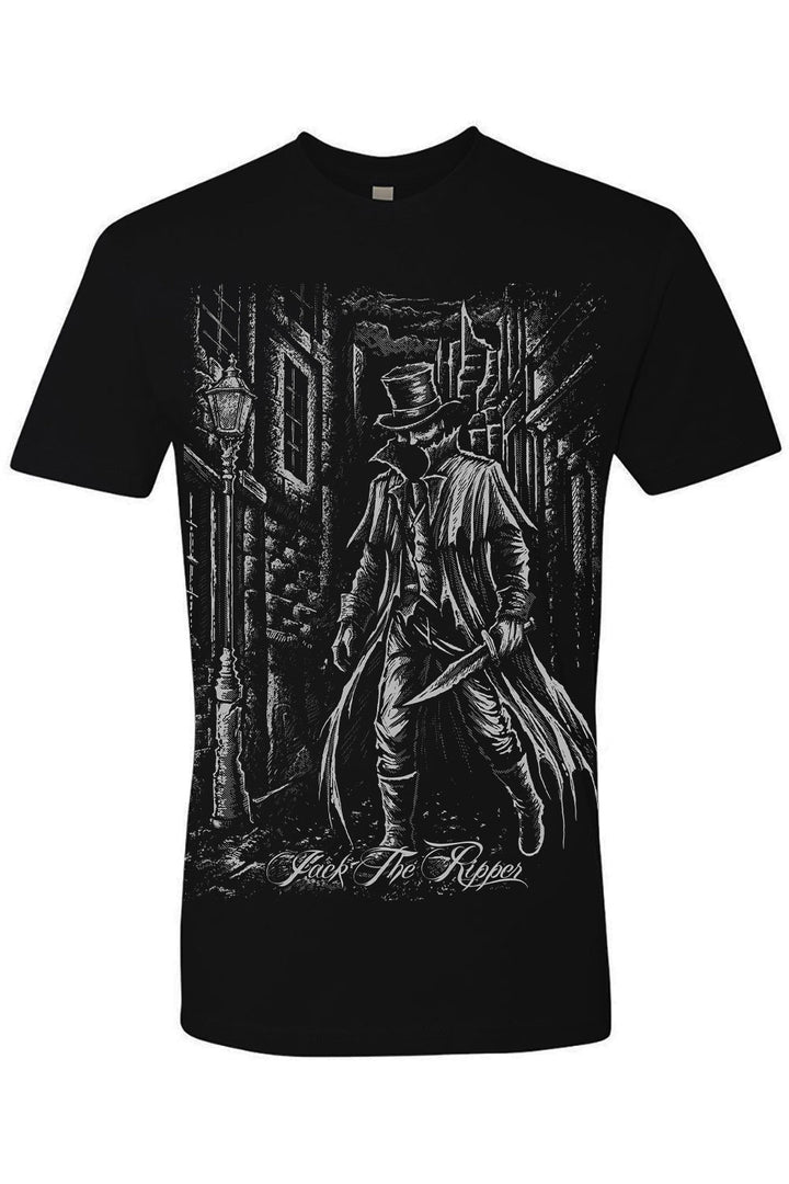 Black t-shirt with a graphic design of a man in a top hat and coat, standing in a dark alleyway.