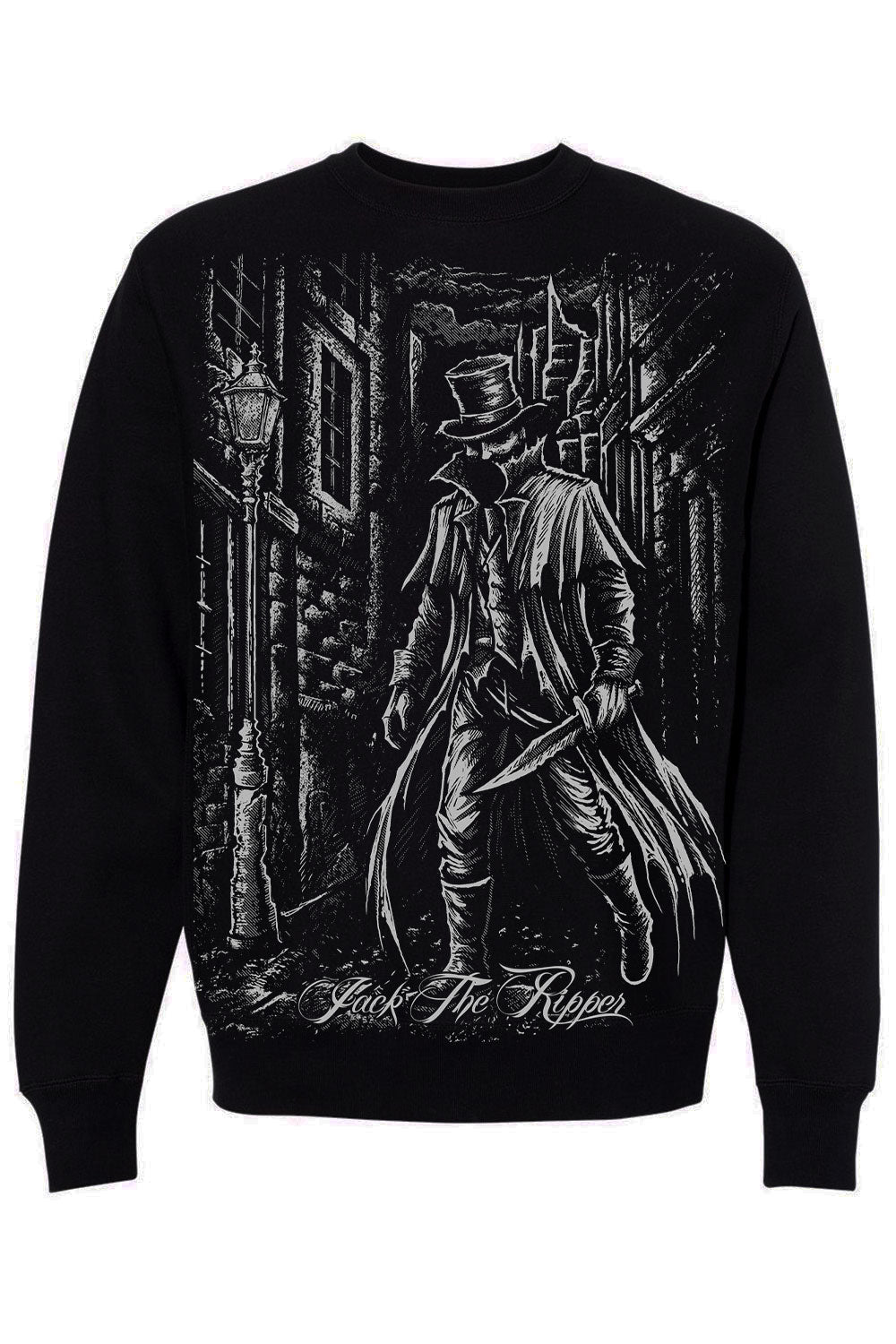 Black sweatshirt with a graphic of Jack the Ripper and gothic architecture on a white background