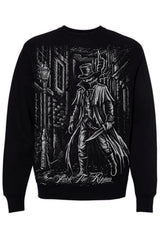 Black sweatshirt with a graphic of Jack the Ripper and gothic architecture on a white background