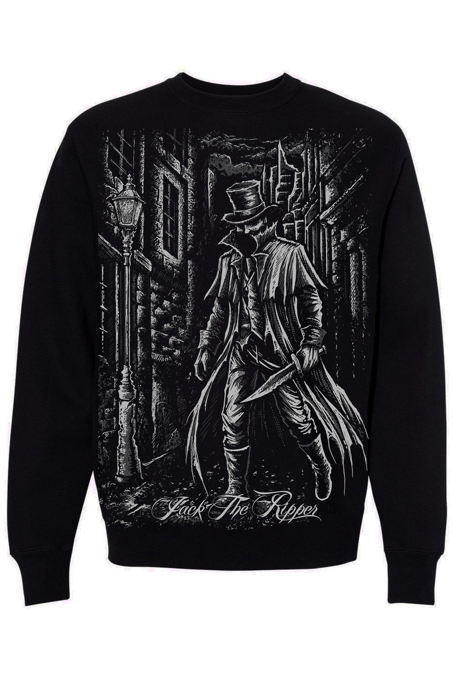 Black sweatshirt with a graphic of Jack the Ripper and gothic architecture on a white background