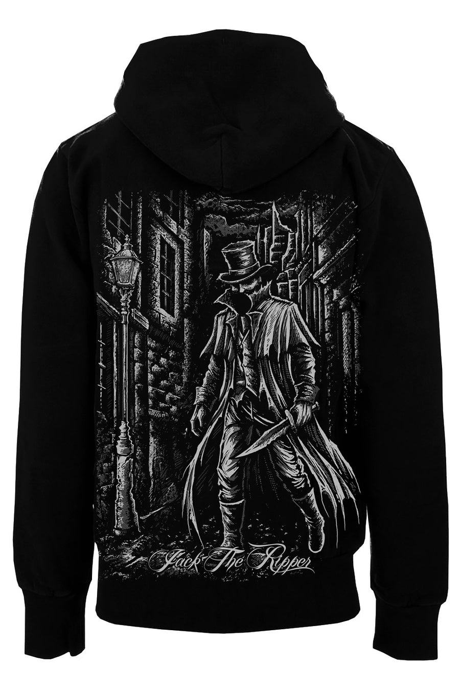Black hoodie with a detailed graphic of a person in a top hat and coat on the back, set against a white background.