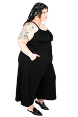 Comfy goth jumpsuit with deep pockets and side zipper