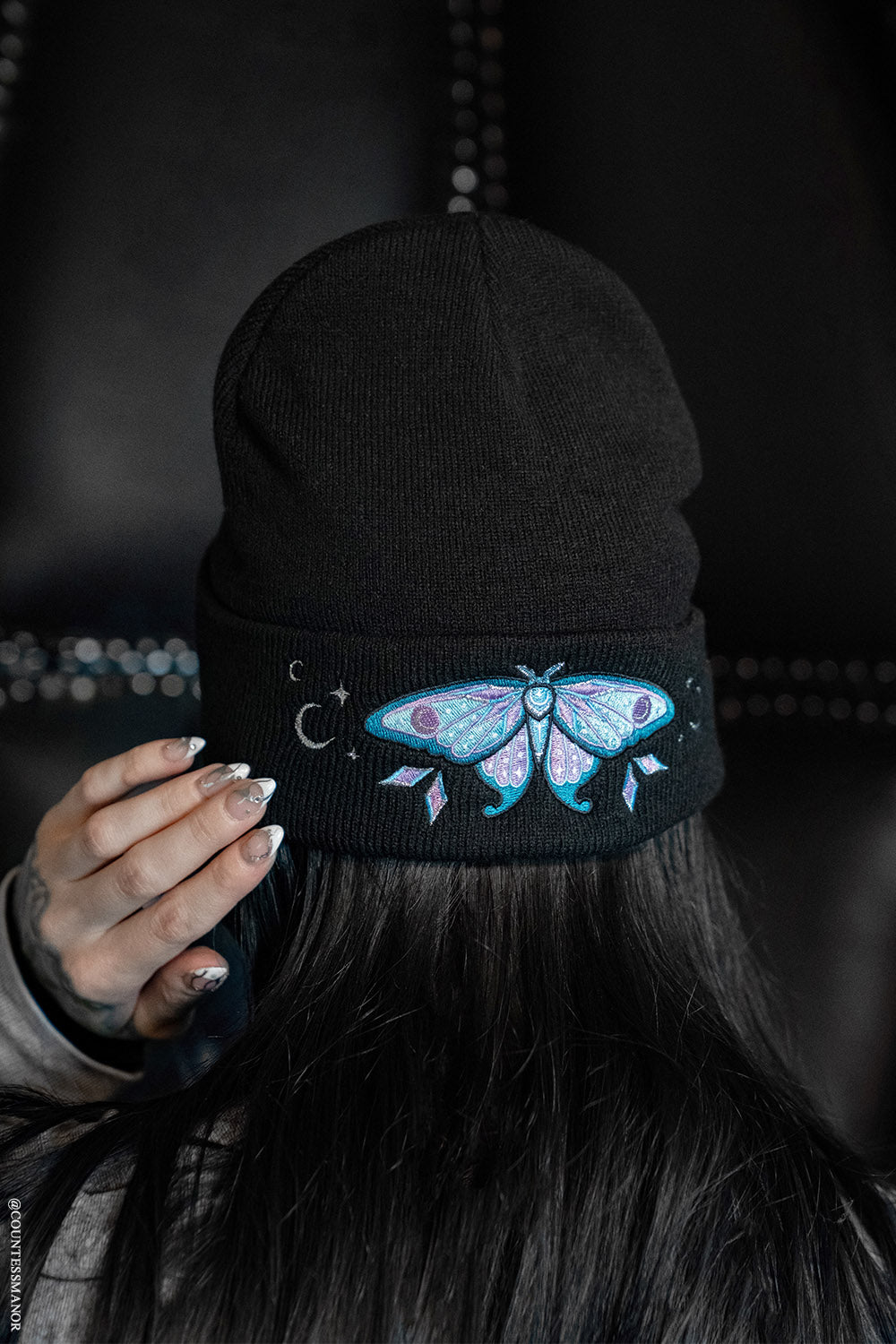 cute coquette magical moth embroidered beanie hat 