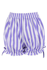 coquette womens Purple and white striped bloomer shorts with ruffled edges on a white background