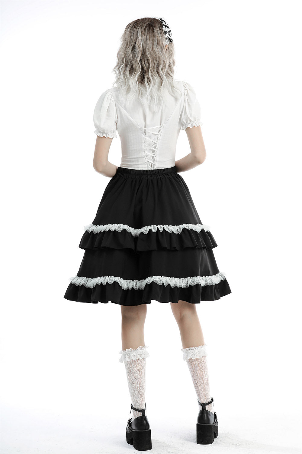 white lace-up ruffled puff shoulder coquette blouse