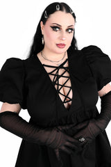 short lace-up fit and flared puffed sleeve cottagecore dress