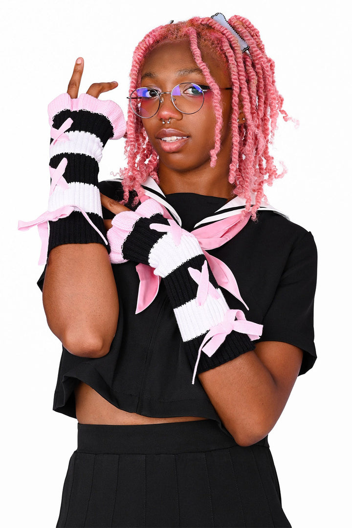 black and white striped pastel goth gloves