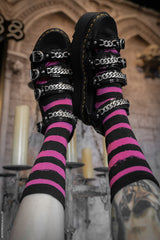 pink and black striped spooky crew socks
