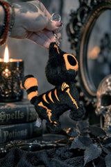 creepy cute plush black and orange cat keychain with embroidered bones
