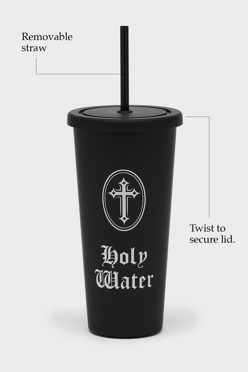 Black tumbler with 'Holy Water' text and cross symbol on a white background