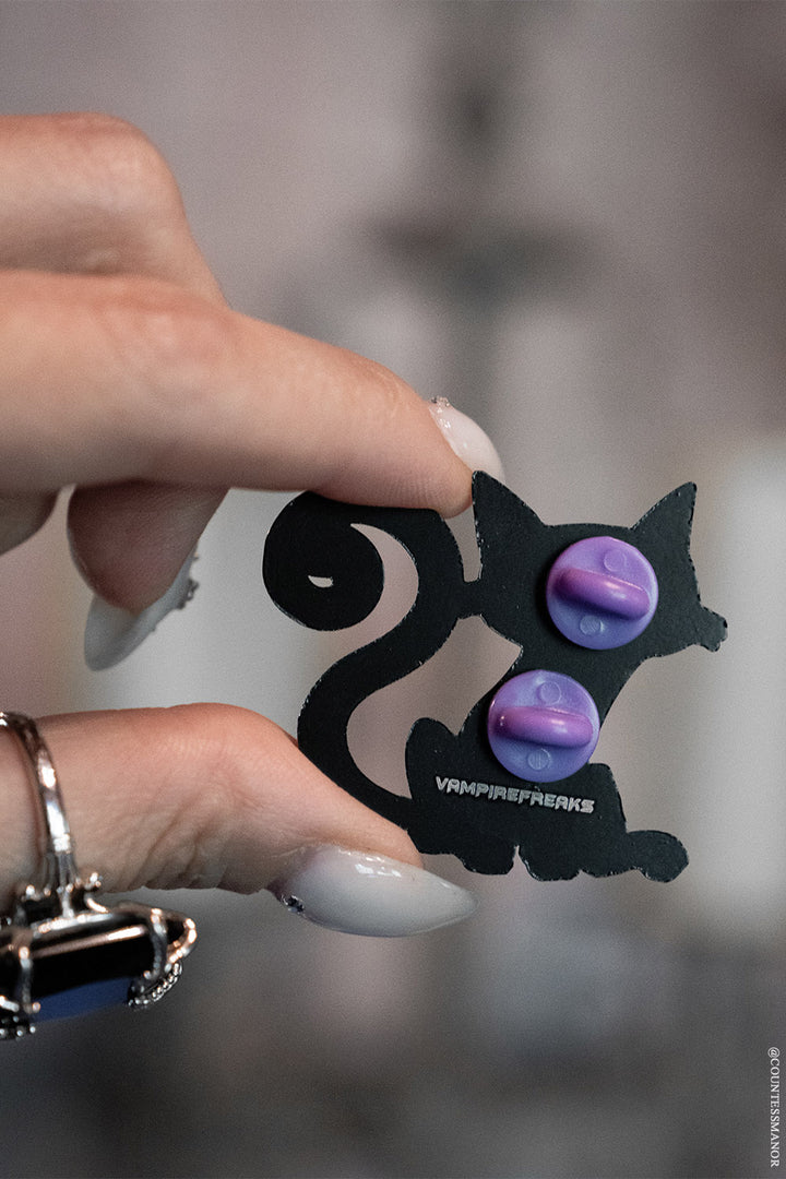 spooky black cat pin with back button close