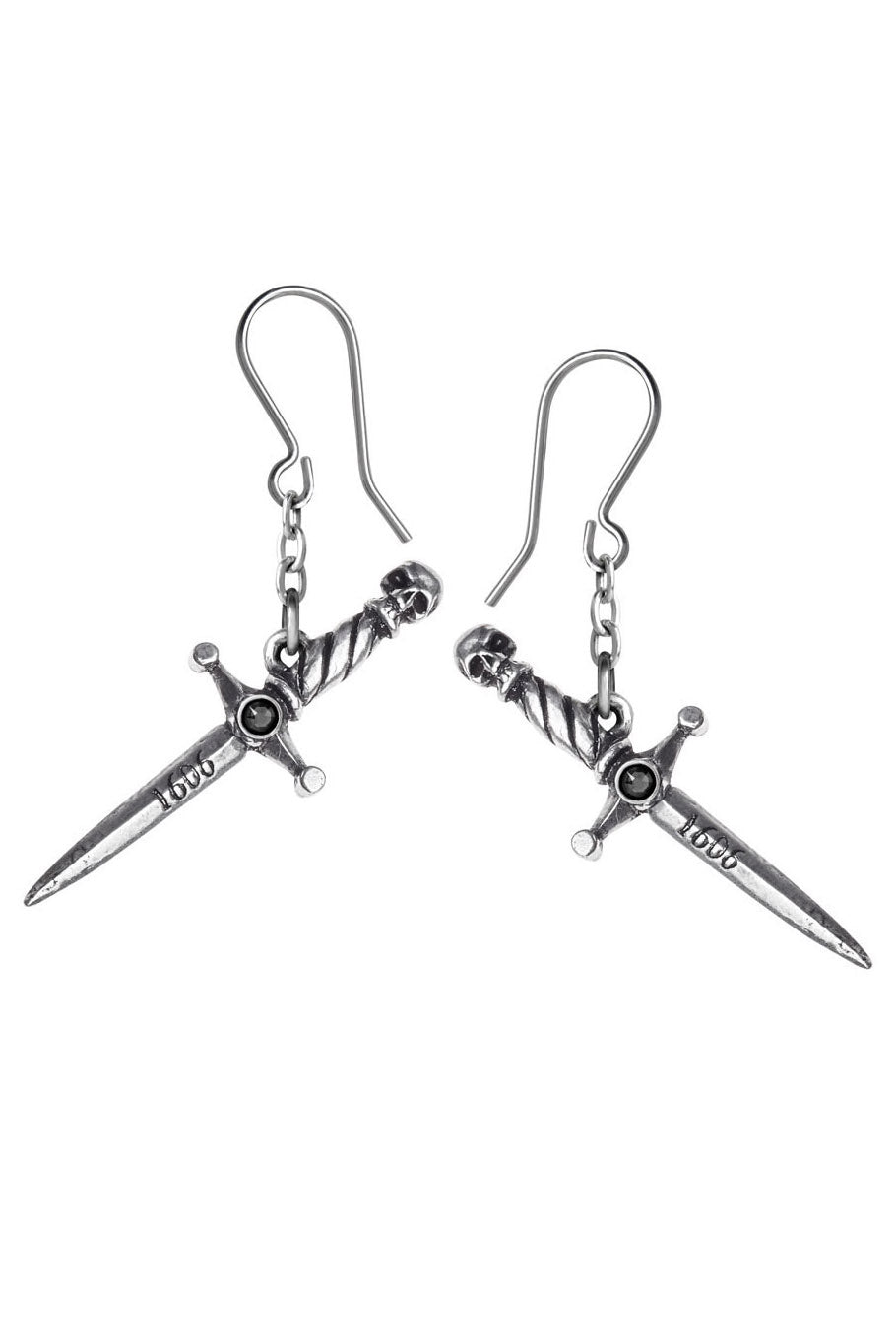 Pair of silver dagger-shaped earrings on a white background