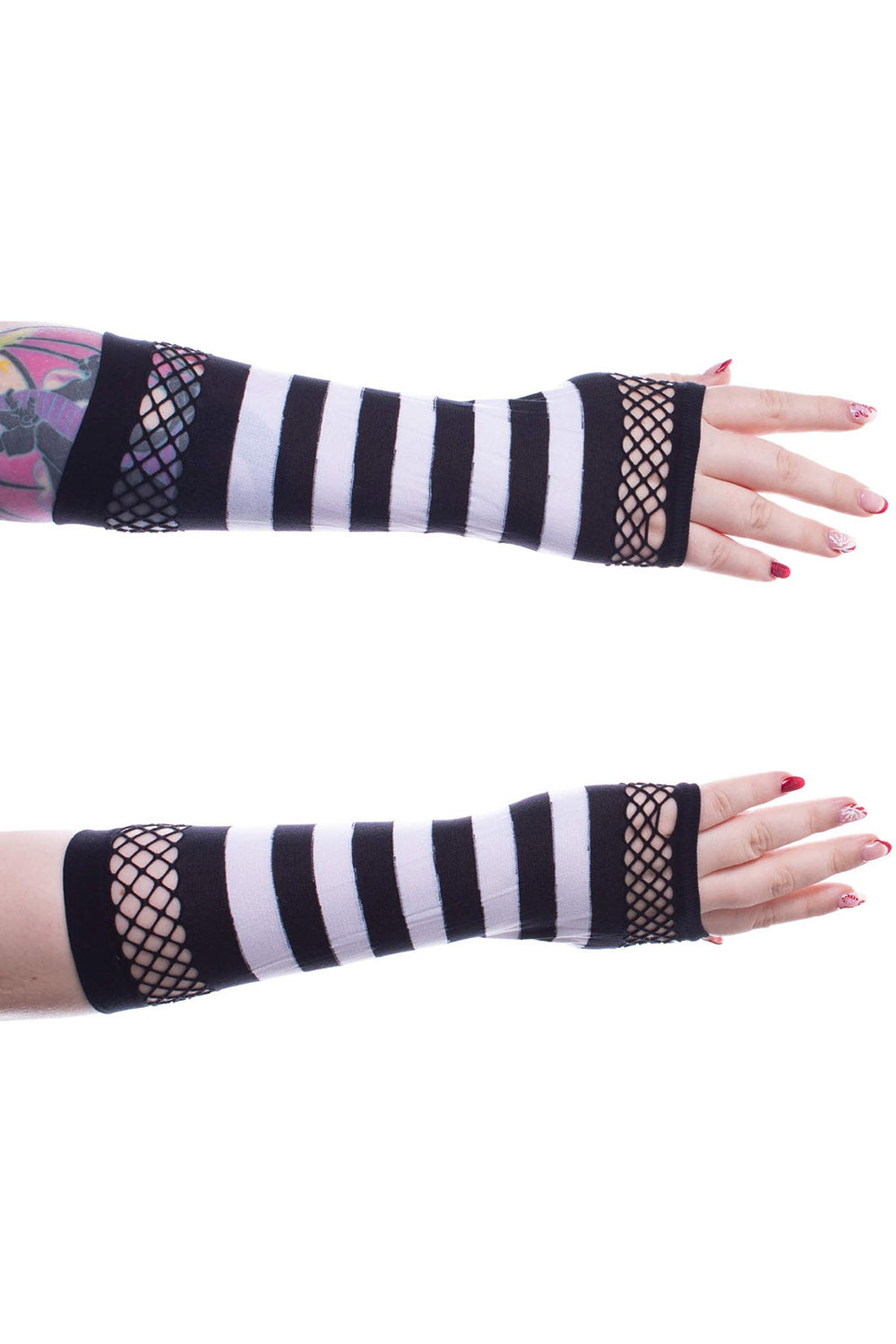 womens white and black stripe armwarmers
