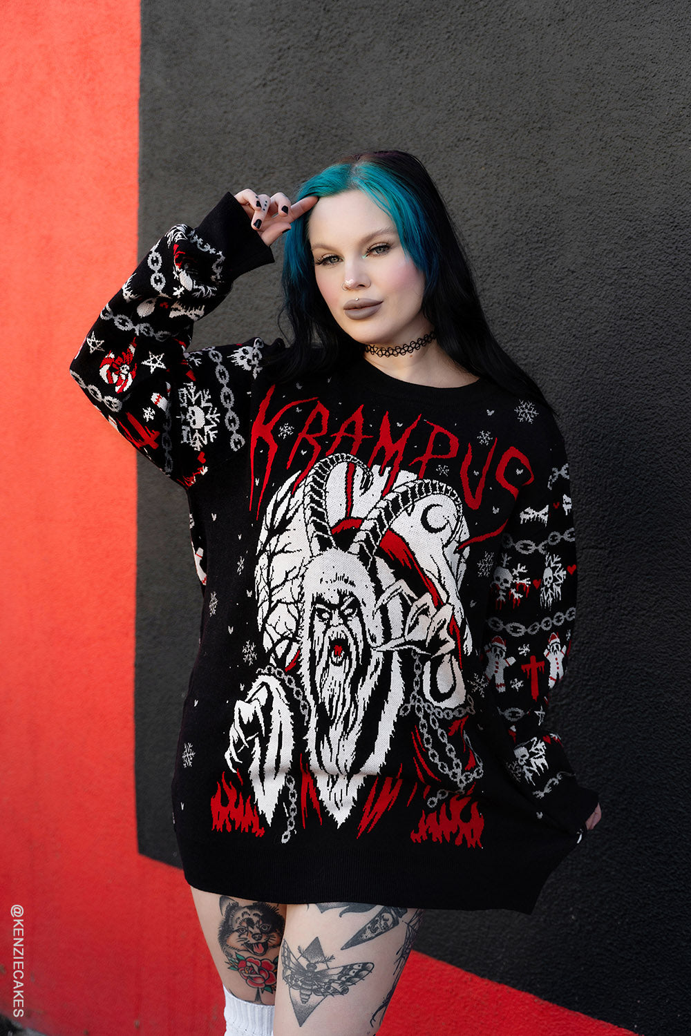 black, red, white, and grey gothic scary xmas sweater